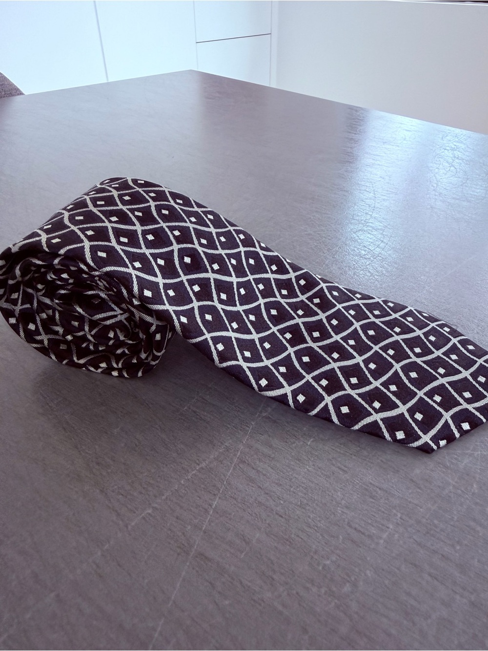 Giorgio Armani Dark Navy Tie with White Lattice Pattern